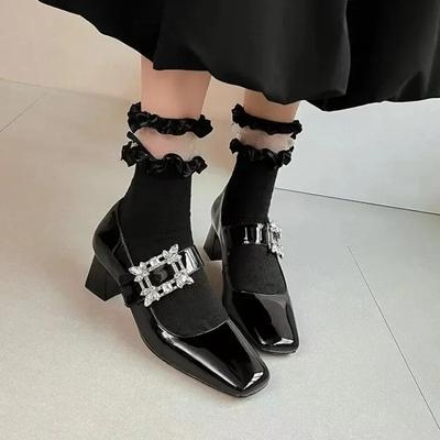 Kurpes sekla mutes bloka papēži sievietēm pumpas sandales Sieviešu kvadrātveida purngals Mary Jane Chunky African Retro Lolita Siksnas, Āda