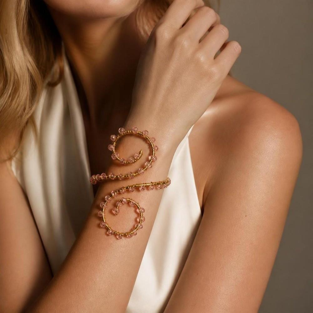 Adjustable Wire Wrapped Bracelet Rhinestone Spiral Arm Jewelry Elegant Upper Arm Cuff Women