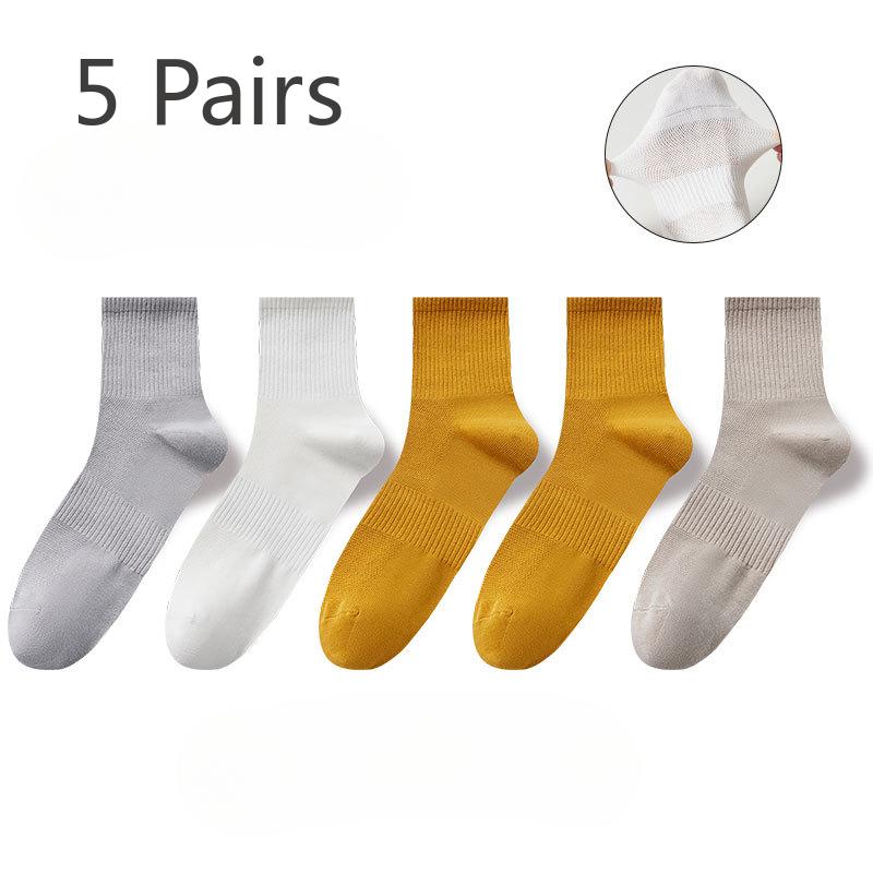 

5 пар тонких антибактериальных всесезонных хлопковых носков до середины икры, из чистого хлопка, впитывающих пот, мужских деловых однотонных комбинированных 5 pairs