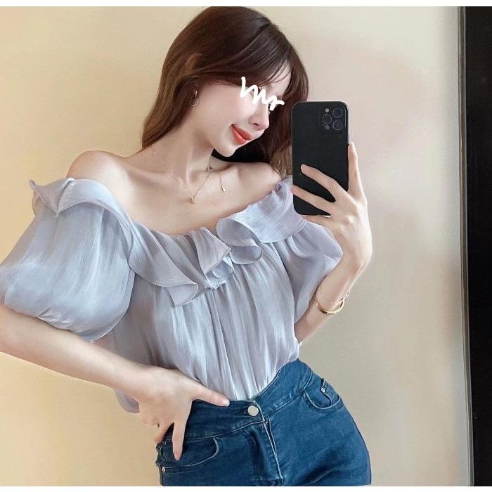 One Shoulder Shirt with A Female Design Sense Niche Top with Ruffled Edges Off Shoulder Chiffon Shirt for Summer