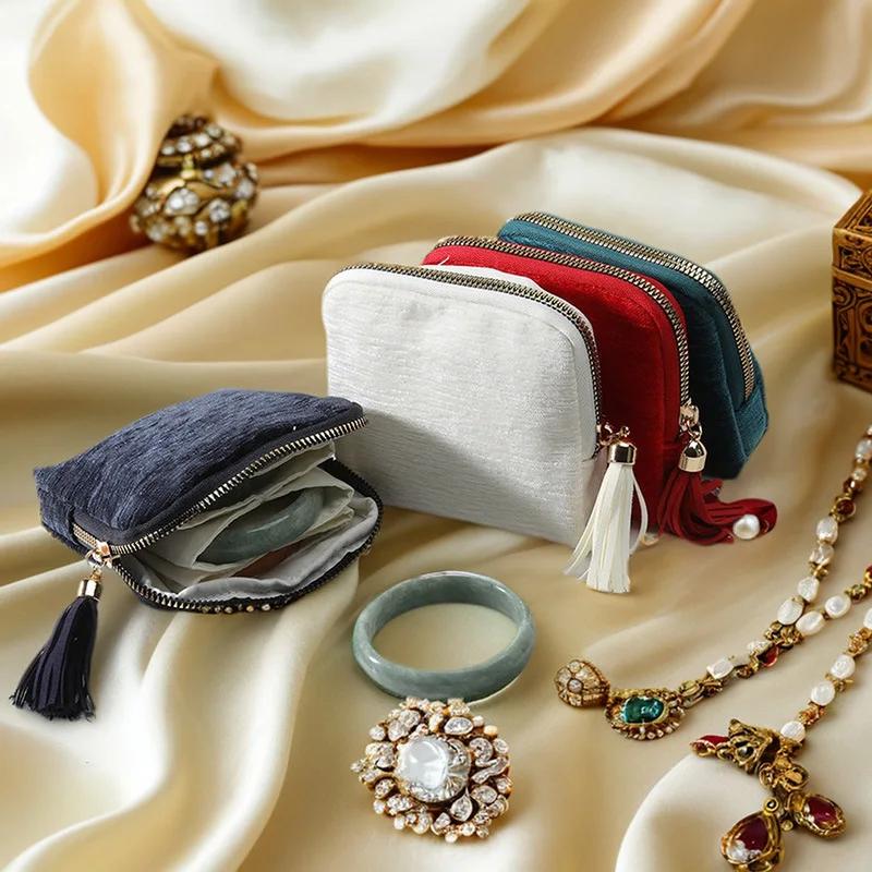 Exquisite Jewelry Storage Bag, Zipper Tassel Jewelry Bag, Satin Fabric Large-Capacity Multi-Layer Dust-Proof Bag