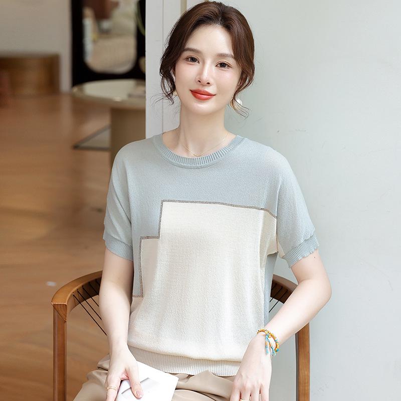 Mom's Stylish Ice Silk Summer Knit T-Shirt: Age-Reducing Short-Sleeved Top for Middle-Aged & Elderly Women