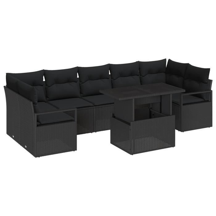 Ensemble de Canapés de Jardin vidaXL 8 Pièces avec Coussins Noir Rattan Poly, Canapé de Jardin vidaXL 2 Places avec Coussins 3348779