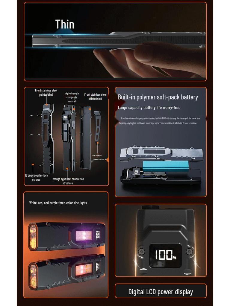 Ultra-Thin Rechargeable Tactical Flashlight: High-Intensity, Super Bright Self-Defense & Outdoor Work Light