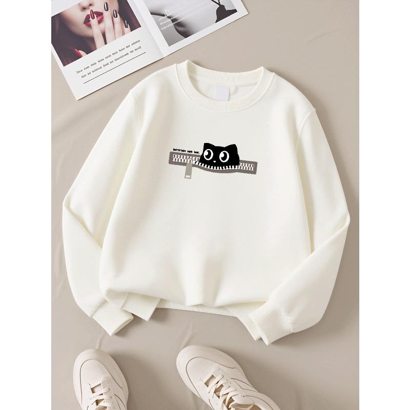 European sizes Girls' Round Neck Sweatshirt With Black Cat Print, Casual And Sporty, Versatile For Autumn And Winter.