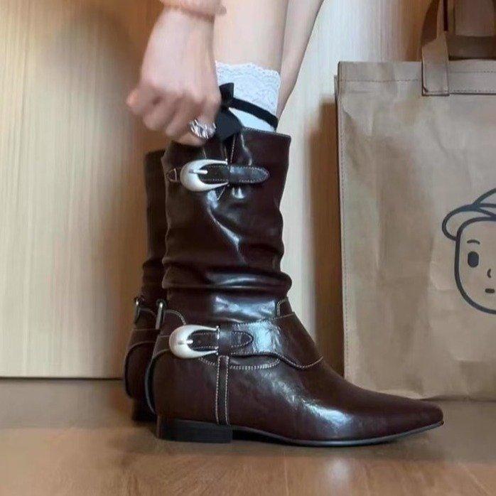 Blue Cabinet Edition~ Niche Design Retro Martin Boots Belt Buckle Thick Heel Pointed Head Metal Buckle Black Soft Leather Boots Women