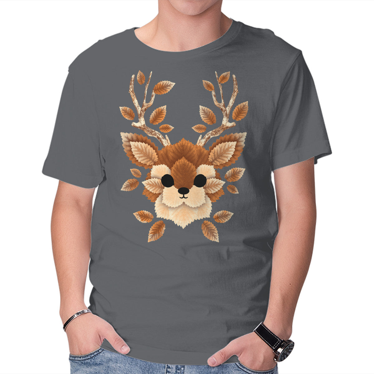 Unisex Crew Neck T-Shirt Deer Of Leaves Graphic Short Sleeve Casual Tee L