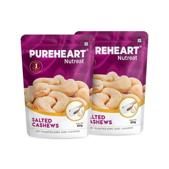 Pureheart Nutreat Roasted Salted Cashews (80 gm, Pack of 2)| Premium Salted Whole Cashew Nuts/Kaju Dry Fruit | Rich in Protein & Fiber