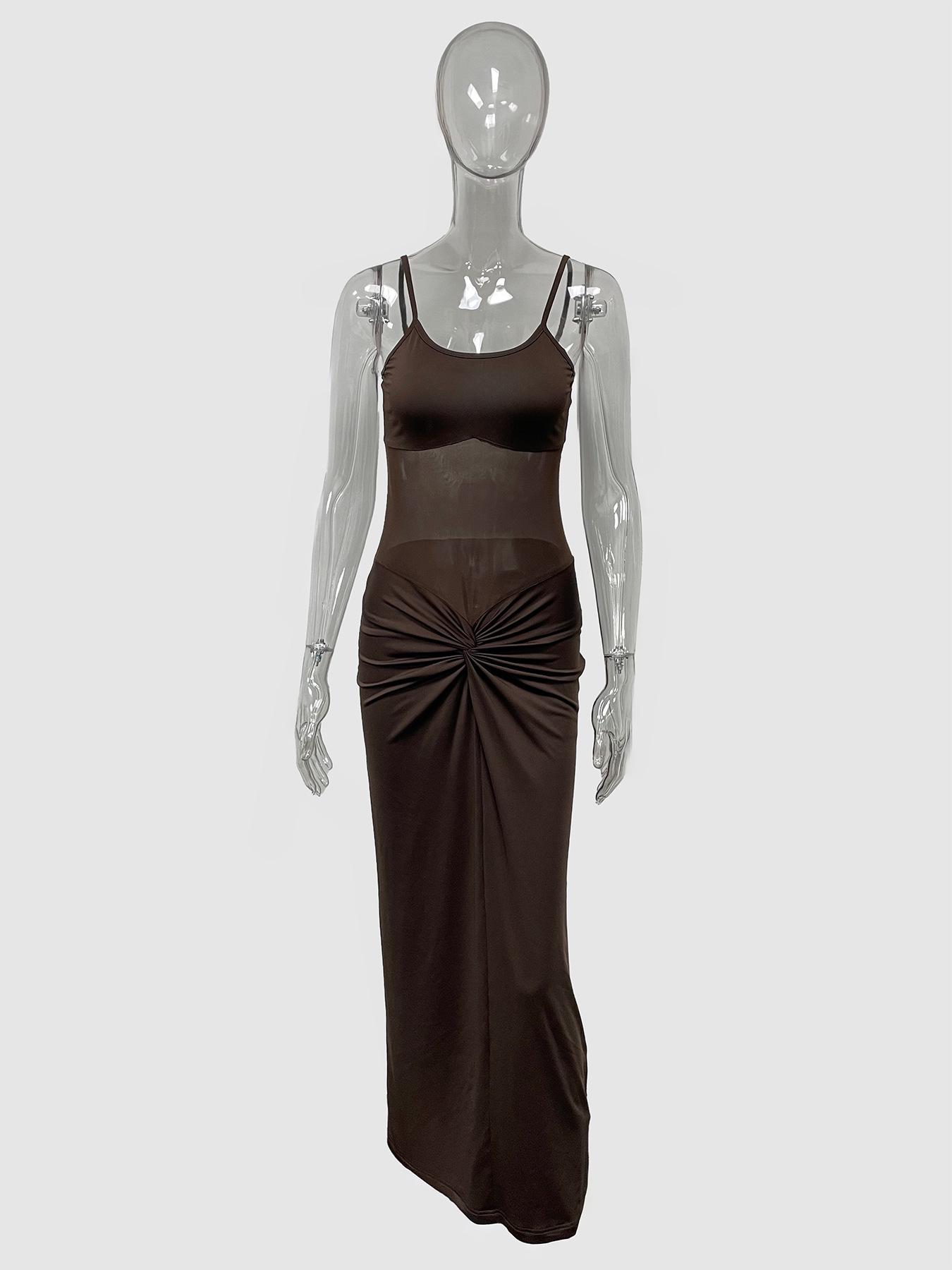 

European & American Fashion Solid Color Spaghetti Strap Mesh Sexy Sleeveless Hip-hugging Dress Large кофейный