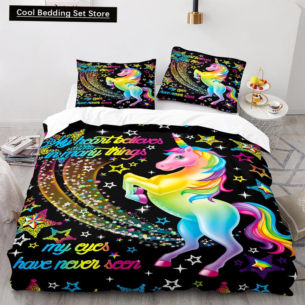 Einhorn-Bettwäsche-Set (King- und Queensize) mit Märchenmotiven und magischen Tieren für Kinder (Jungen und Mädchen) – Sternenuniversum – Polyester-Bettbezug