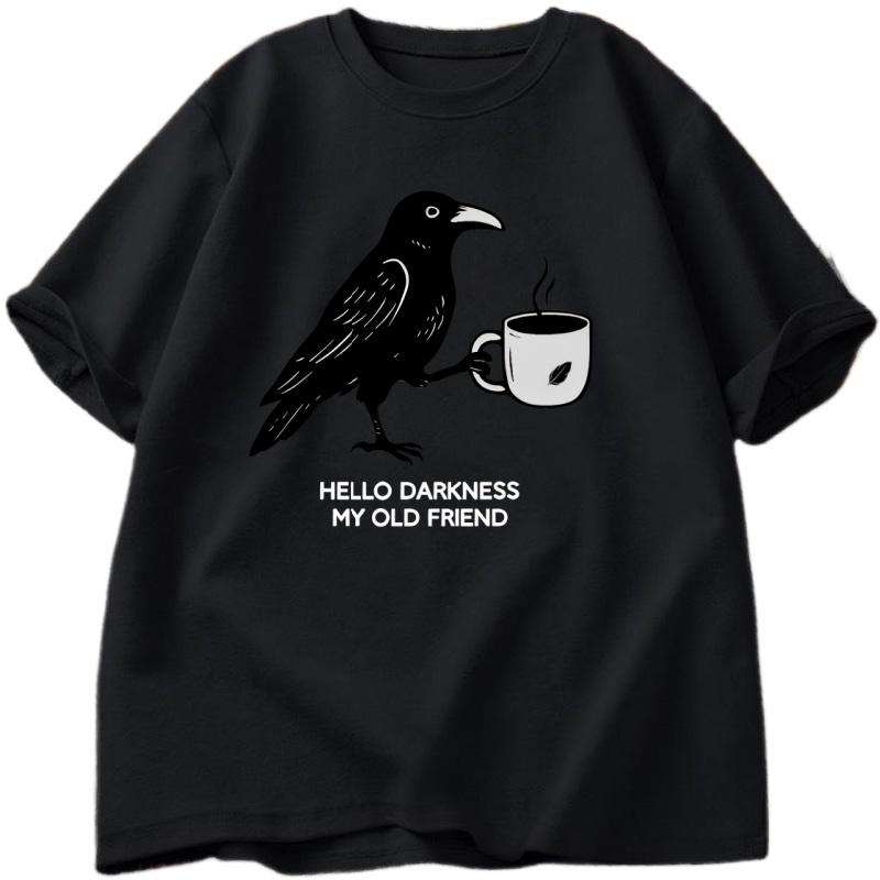 Vintage Crow Coffee T Shirt Halloween Soft Tees Fall Tee Unisex Unisex Cotton Tops Creative Crew Neck Tees Short Sleeve Loose Tshirt
