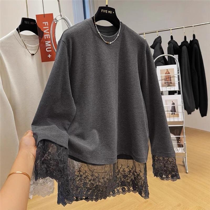 Lace Patchwork Fleece Sweatshirt Casual Loose Long Sleeve Top