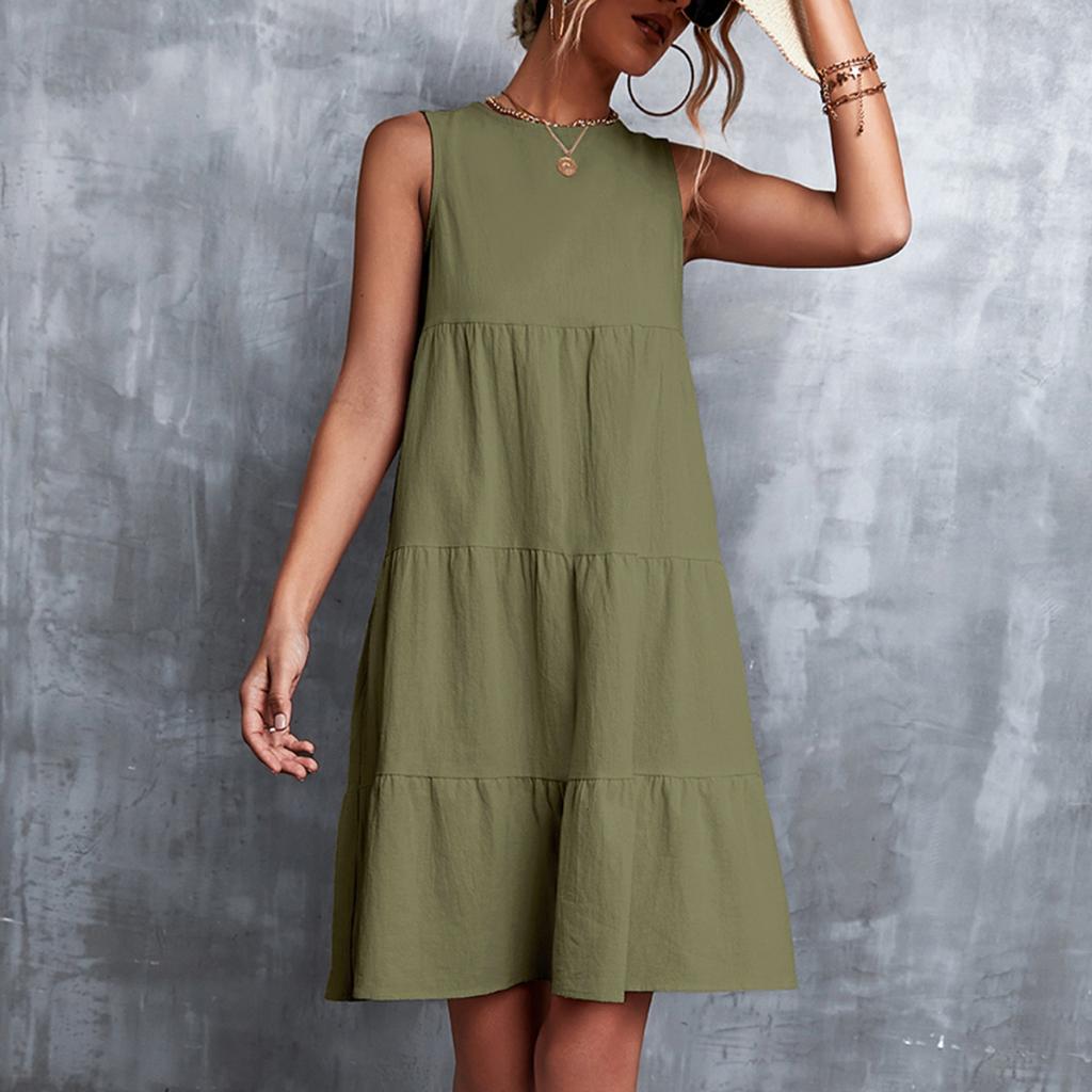 QICED Spring Summer Solid Color Print Sleeveless O-Neck Loose Swing Patchwork Cake Dress