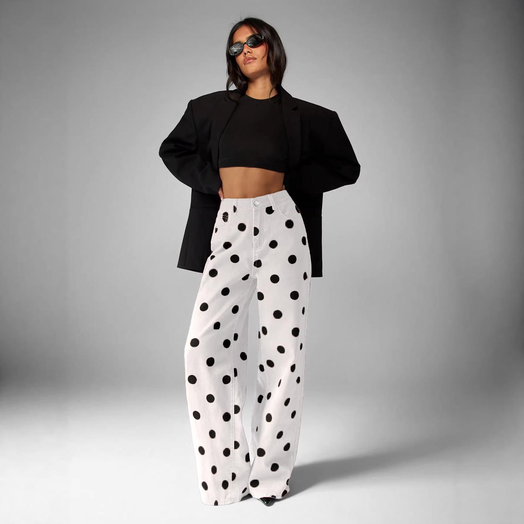 Women s White Polka Dot High Stretch Floor-length Jeans, Mid-Waist XL