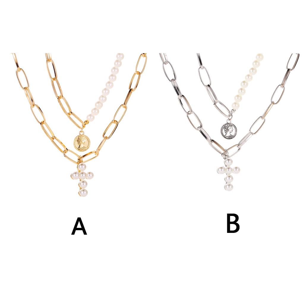 2 Layer Faux Pearl Necklace Round Figure Pendant Thick Chain Choker Jewelry Gift for Girls Women