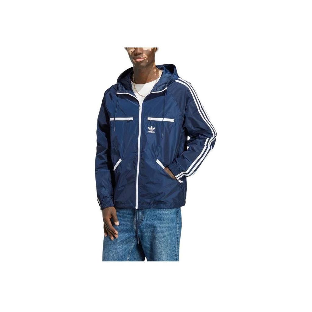adidas Originals Trefoil Logo Embroidered Hooded Drawstring Zip Jacket Men Jackets Blue IB9961