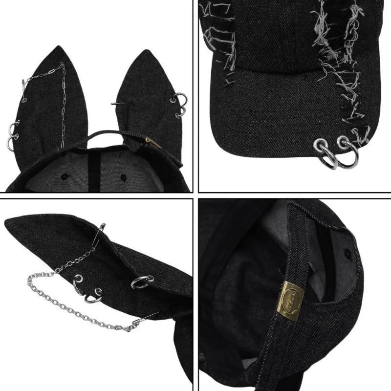 1PCS Distressed Design Baseball Caps Gothic Y2K Grunge Style Baseball Cap with Bunny Hat Chains for Men Women Fashion Decoration