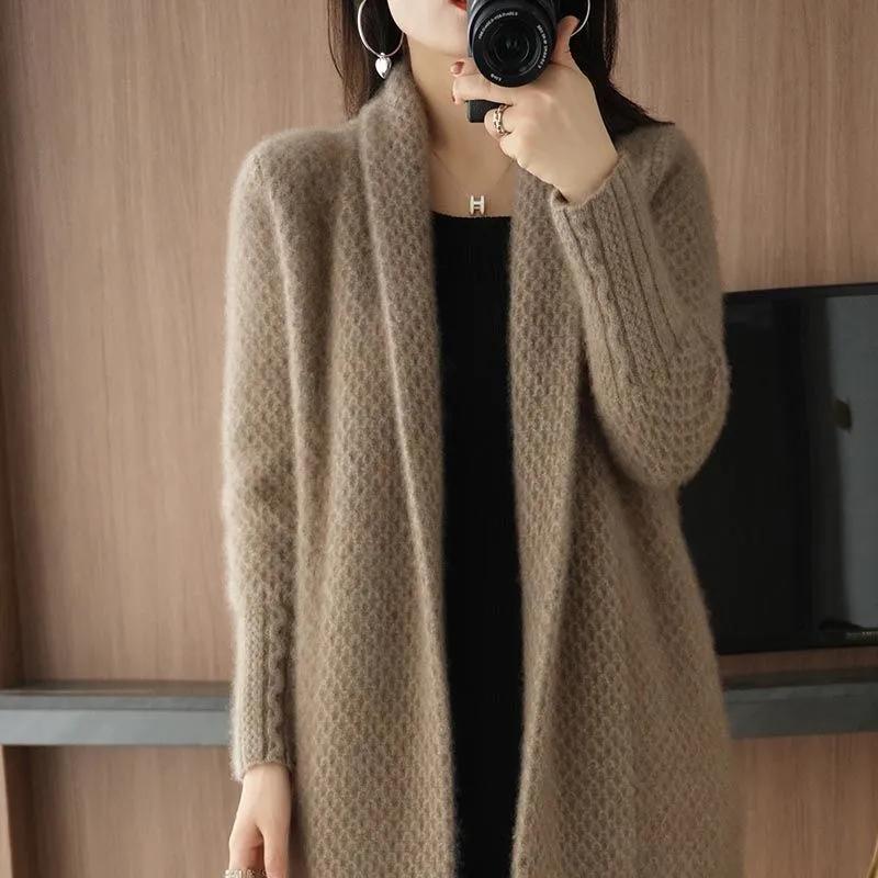 Fashion Cardigan Knitted Sweater Women Clothes Autumn Winter Long Sleeves Jacket Mid-Length Vintage Knitwear Female