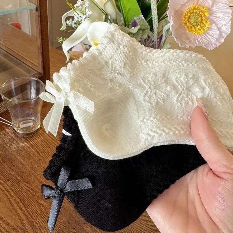 Female Summer Thin Model Lovely Bow Low Help Shallow Mouth Mesh Breathable Lace Socks