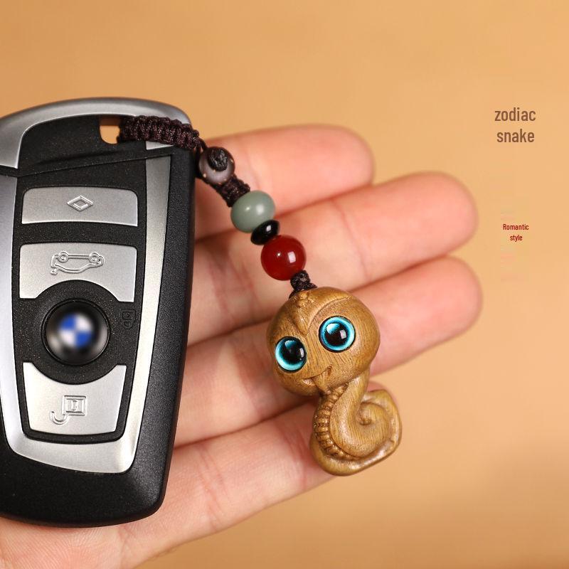 Green Sandalwood Zodiac Snake Keychain Pendant for Men and Women