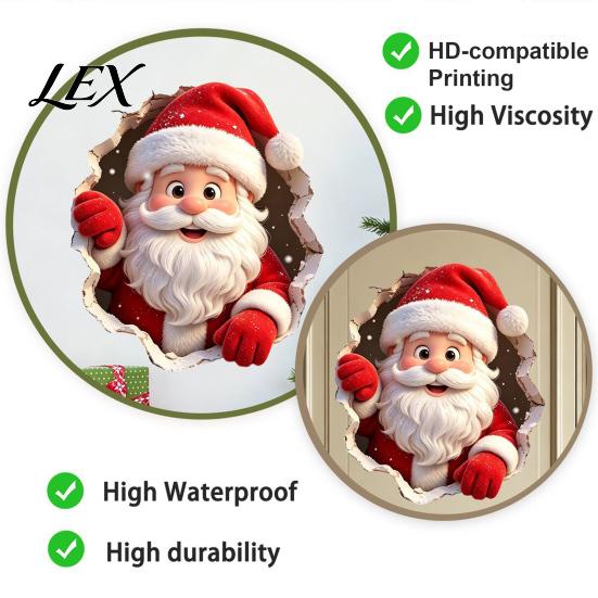 Christmas Atmosphere Room Decor 3D Santa Claus Wall Stickers, Self Adhesive PVC Decals with Realistic Breaking Decorative Stickers for Holidays