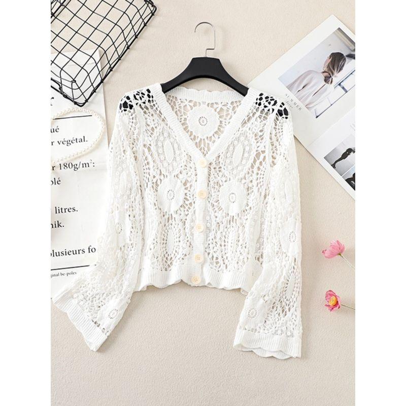 Fashion V-neck Single Breasted Crocheted Flower Cut Out Knitting Cardigan Outer Long-Sleeves Air Conditioning Shirt Sun Protection Clothing for Women
