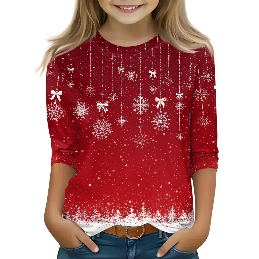 Christmas Day Print Tops For Youth Girls 4-11 Years Round Neck 3/4 Sleeves T-Shirts Trendy Tops Outfit Tees