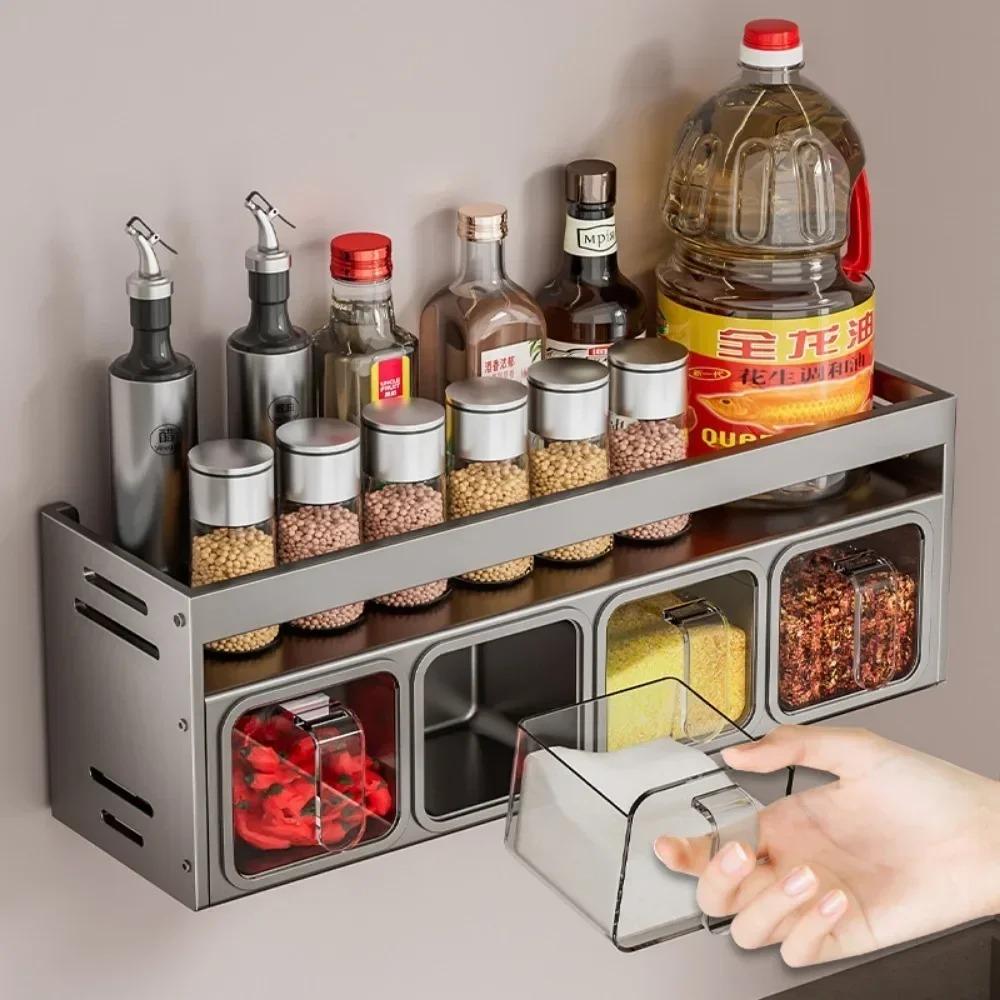 Kitchen Seasoning Shelf Non Perforated Wall Mounted Multifunctional Seasoning Box Household Combination Set Spice Storage Rack