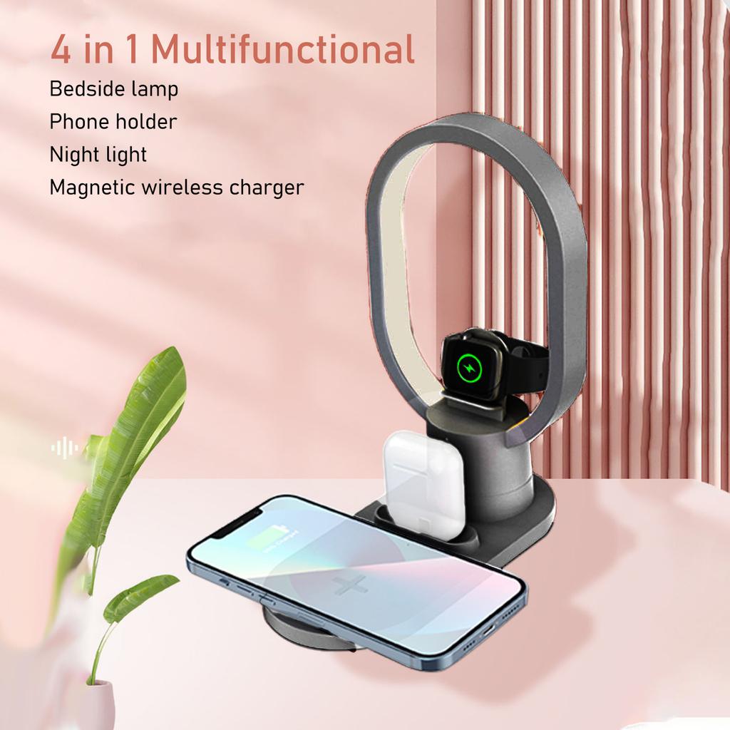 4 In 1 Bedside LED Night Light with Wireless Charger Cell Phone Holder Magnetism 15W Fast Charging Table Lamp