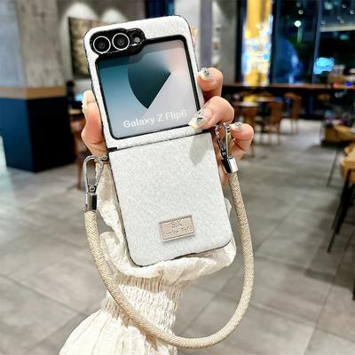Plush Leather Wrist Strap Phone Case for For Samsung Galaxy Z Flip 6 5 4 Flip6 Flip5 Flip4 Flip3 5G Protective Cover