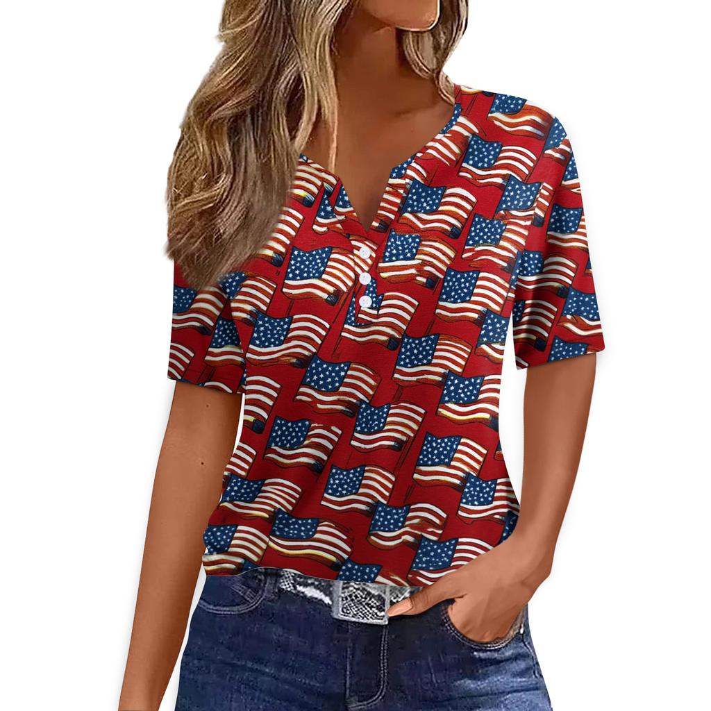 Women's T Shirt Tee Print Button Short Sleeve Daily Weekend Fashion Basic V- Neck Regular Top