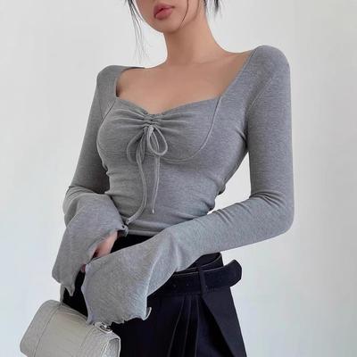 Mode Hauts Décontractés pour Femmes Cordon de Serrage Manches Évasées Haut de Base Pure Désir Rembourré Amincissant Manches Longues T-shirt Vêtements Élégants pour Femmes