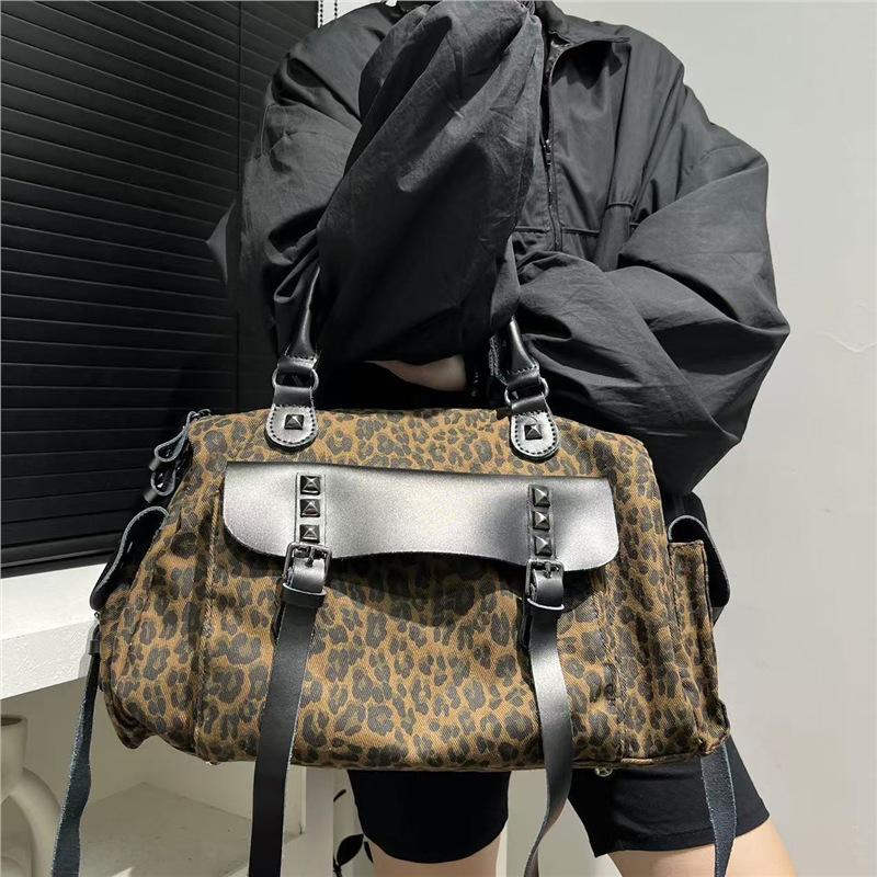 Women'S Leopard Print Personalized Tote Bag Large Capacity Splicing Multi-Pocket Trendy Shoulder Bag
