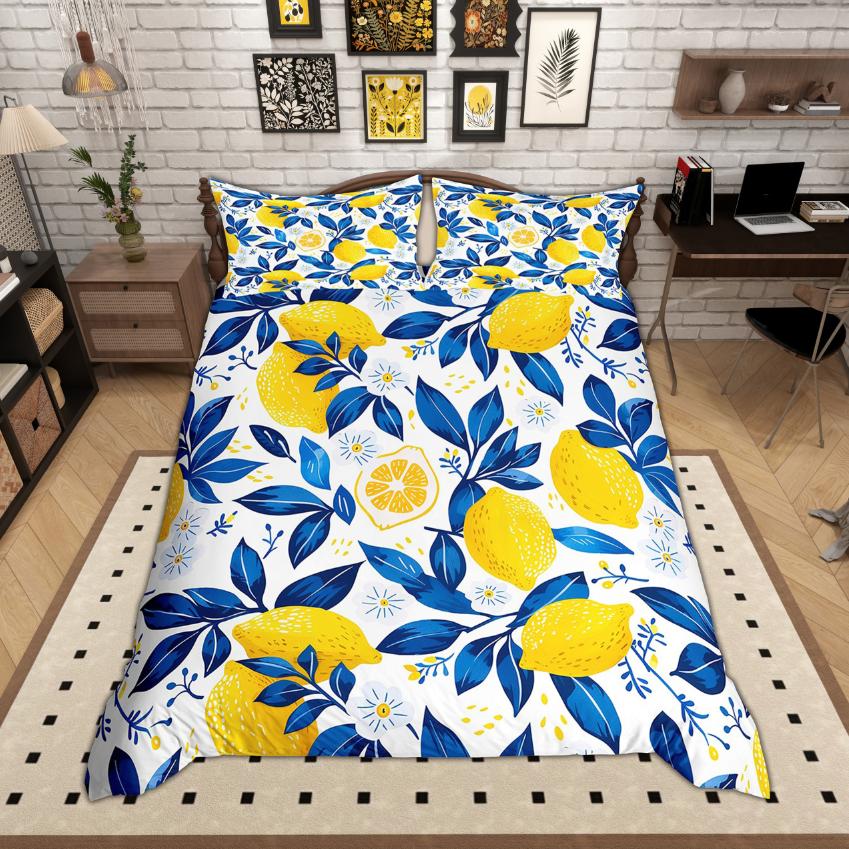 

Comforter Homewish Tropical Fruit Lemon Print Bedding Set Botanical Plant Leaf Set Bedroom Decor Comforter (quilt)-EU Single(135*200cm)3pcs
