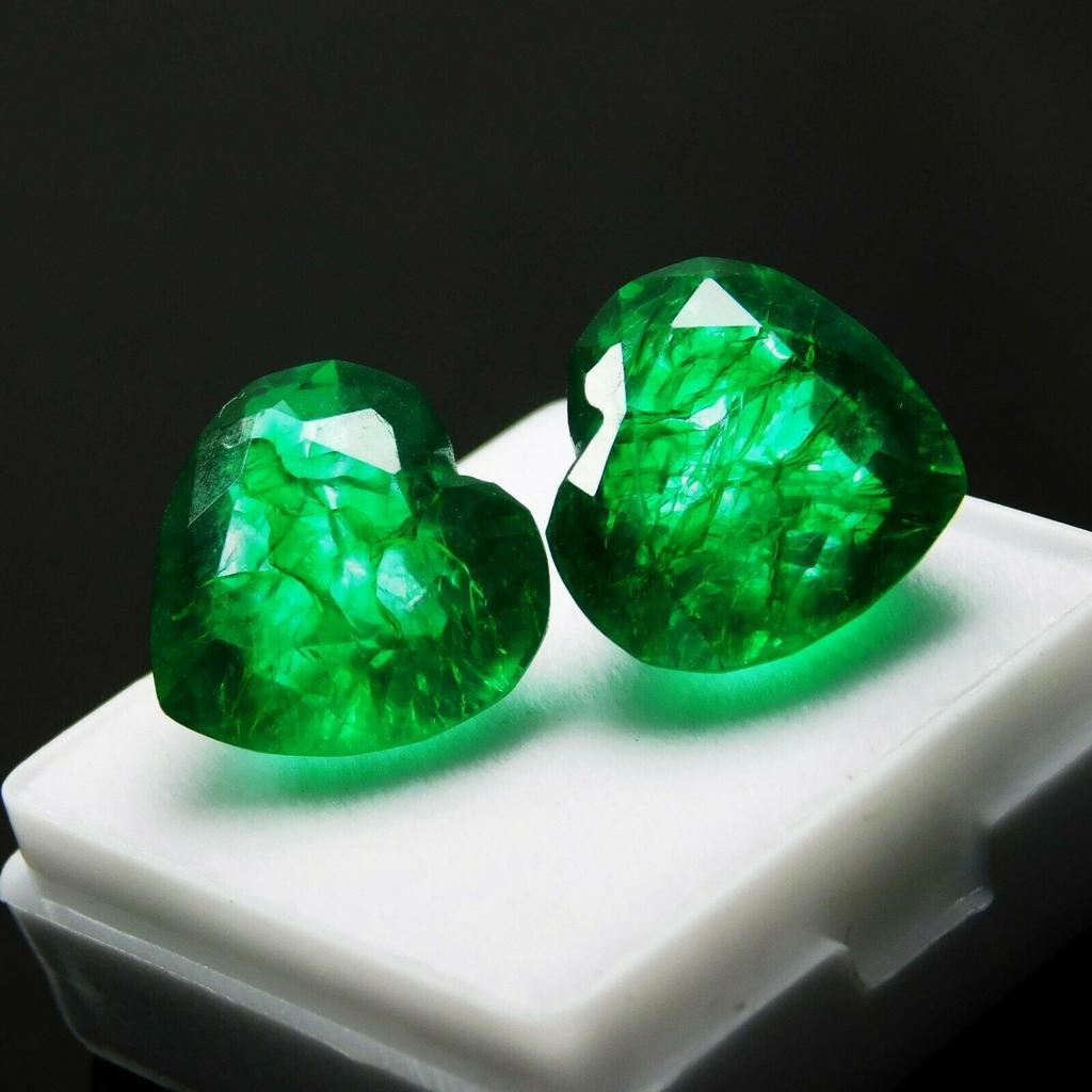 16 Ct Pair Natural Heart Emerald Green Shape Loose Gemstone CERTIFIED E-8hh 002
