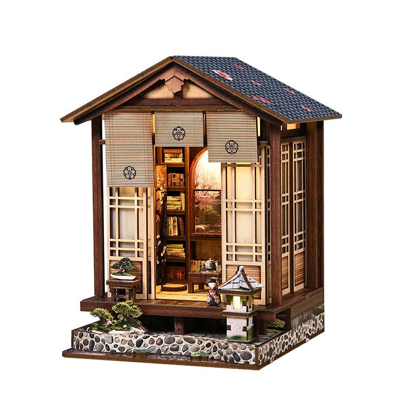 Japanese Retro DIY Wooden Book Nook Shelf Insert Miniature Building Kits Sakura Alley Home Bookend Decor Adult Handmade Gifts