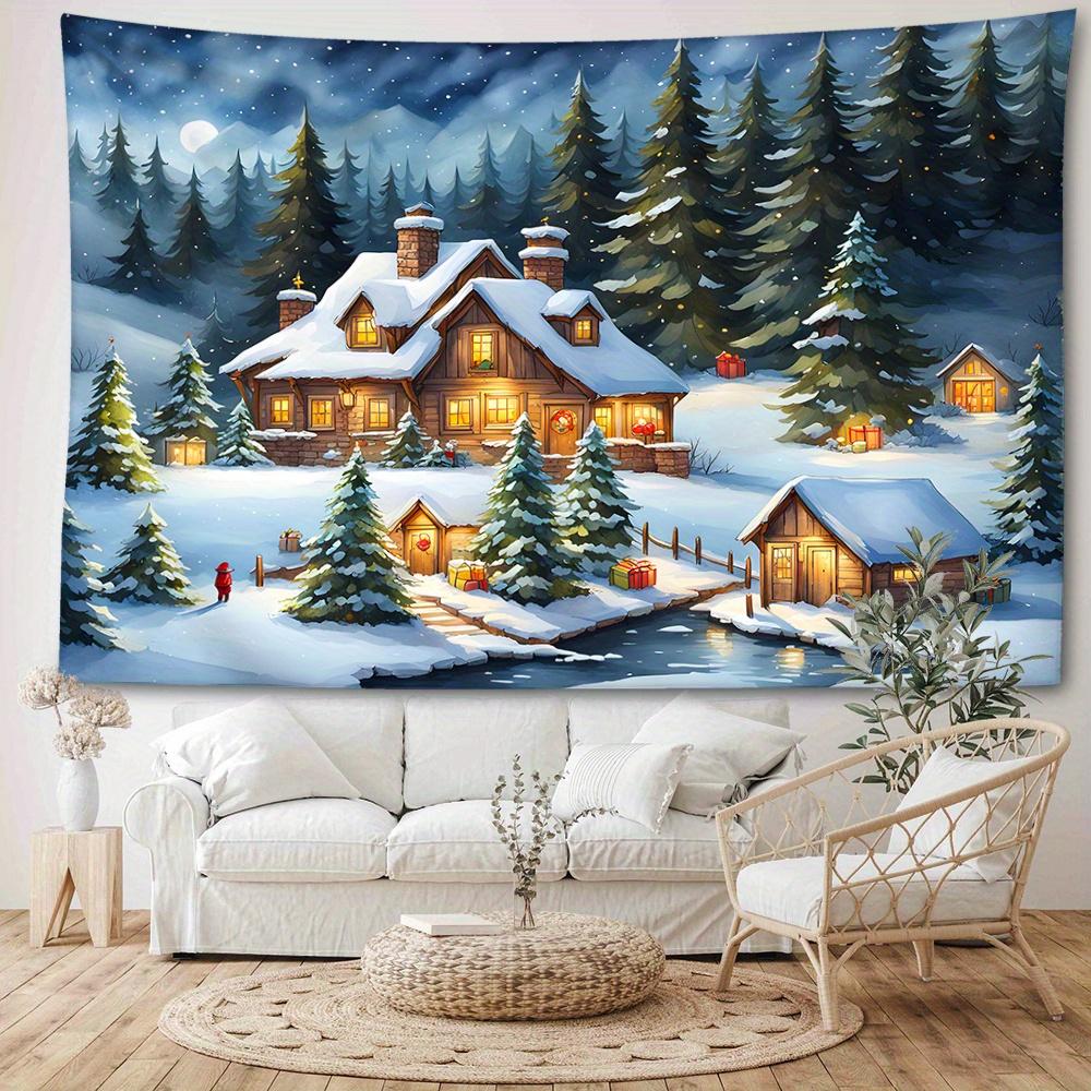 Christmas Winter Town Scene Tapestry Wall Hanging – 90g Brushed Polyester Fabric, Woven, Portrait Orientation, Animal Theme Graphic, Room Decor for B