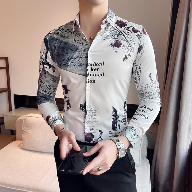 Four Seasons Men's Fashion Long Sleeve European & American Print Shirt 2703