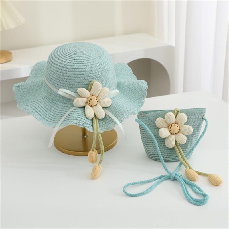 2Pieces Kids Summer Sun Hat And Bag Set Breathable Straw Braided Design For Beach Outdoor Activities
