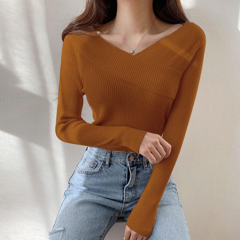 Autumn Winter Off The Shoulder Solid Color Slim Long Sleeve Knitted Tops Women's All Match Chic Sweater