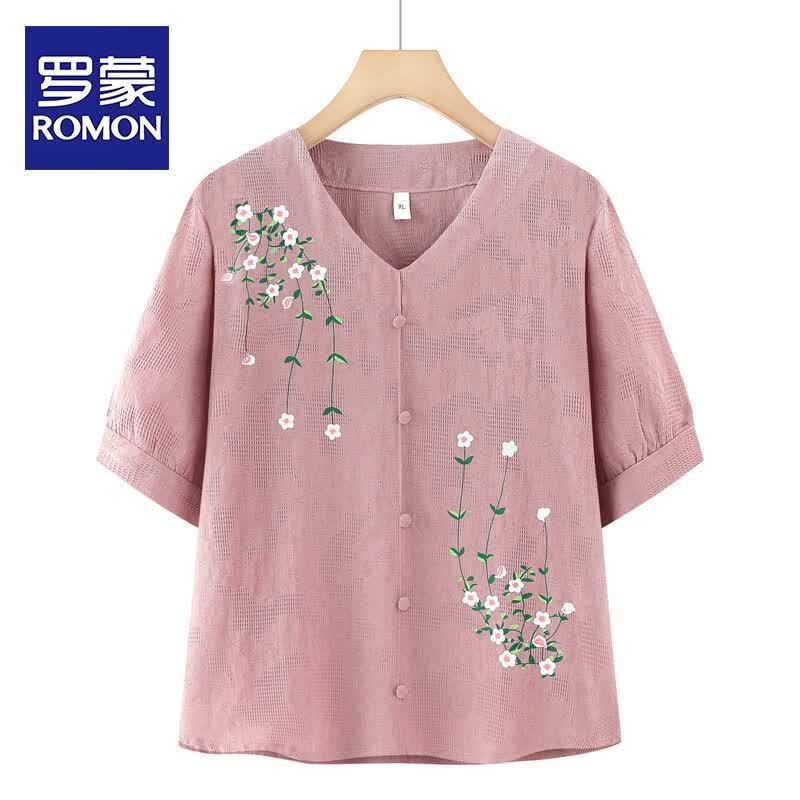 ROMON Women s Summer Floral Short-Sleeve Blouse 2XL