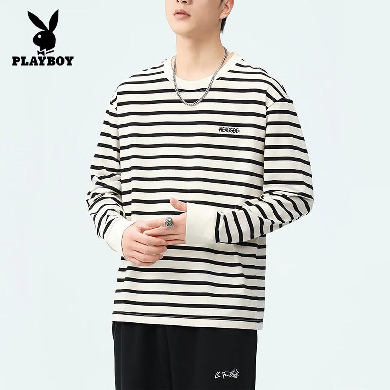 Playboy Men's Casual Striped Long Sleeve Crewneck T-Shirt
