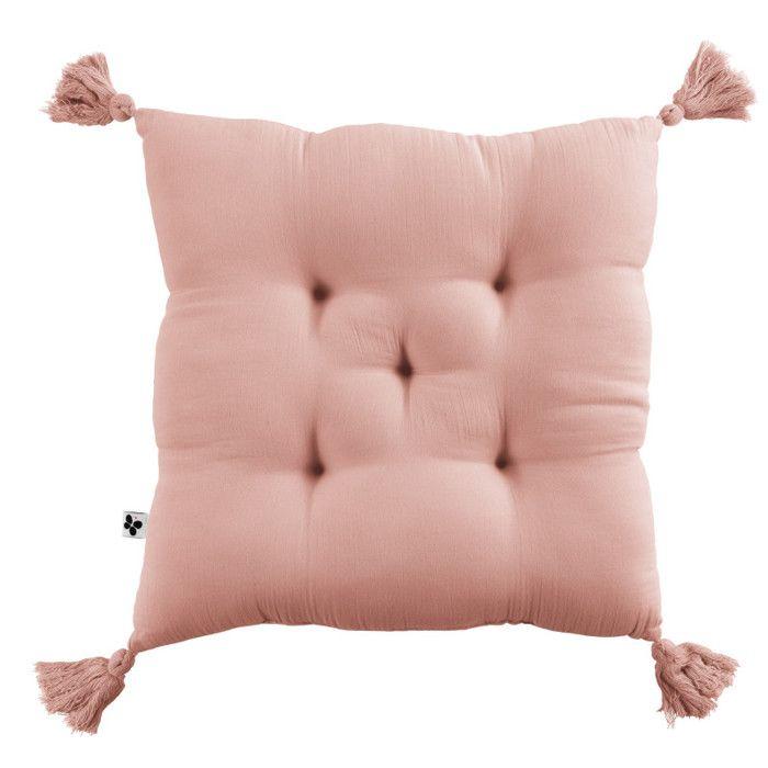 Coussin capitonné 5 points avec pompons  Gaïa  40 x 40 cm  Gaze de Coton  - Gaïa Rose Pêche