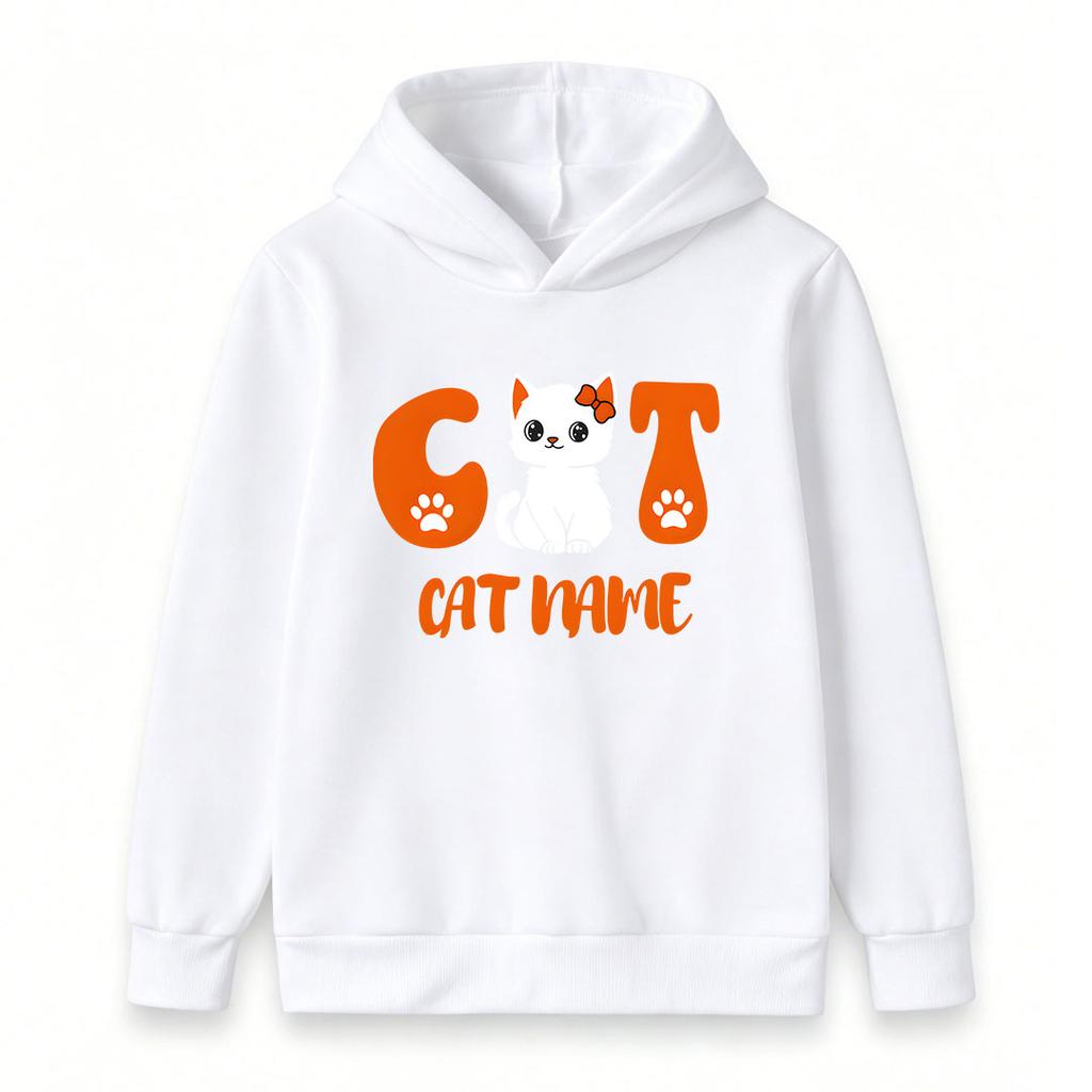 Custom Cute Cat Pattern Hoodie for Boys Girls, Personalized Cat Name Kids Pullover Hooded Sweatshirt, Casual Soft Long Sleeve Tops for Children Cat Lo
