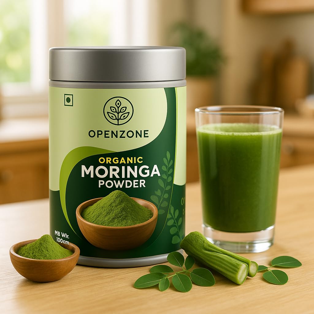 Open Zone 100% Rent Moringa Bladpulver | Ekologiska Drumstickblad | Rik på Järn & C-vitamin | Stödjer Matsmältning, Immunitet & Metabolism | 100g Burk