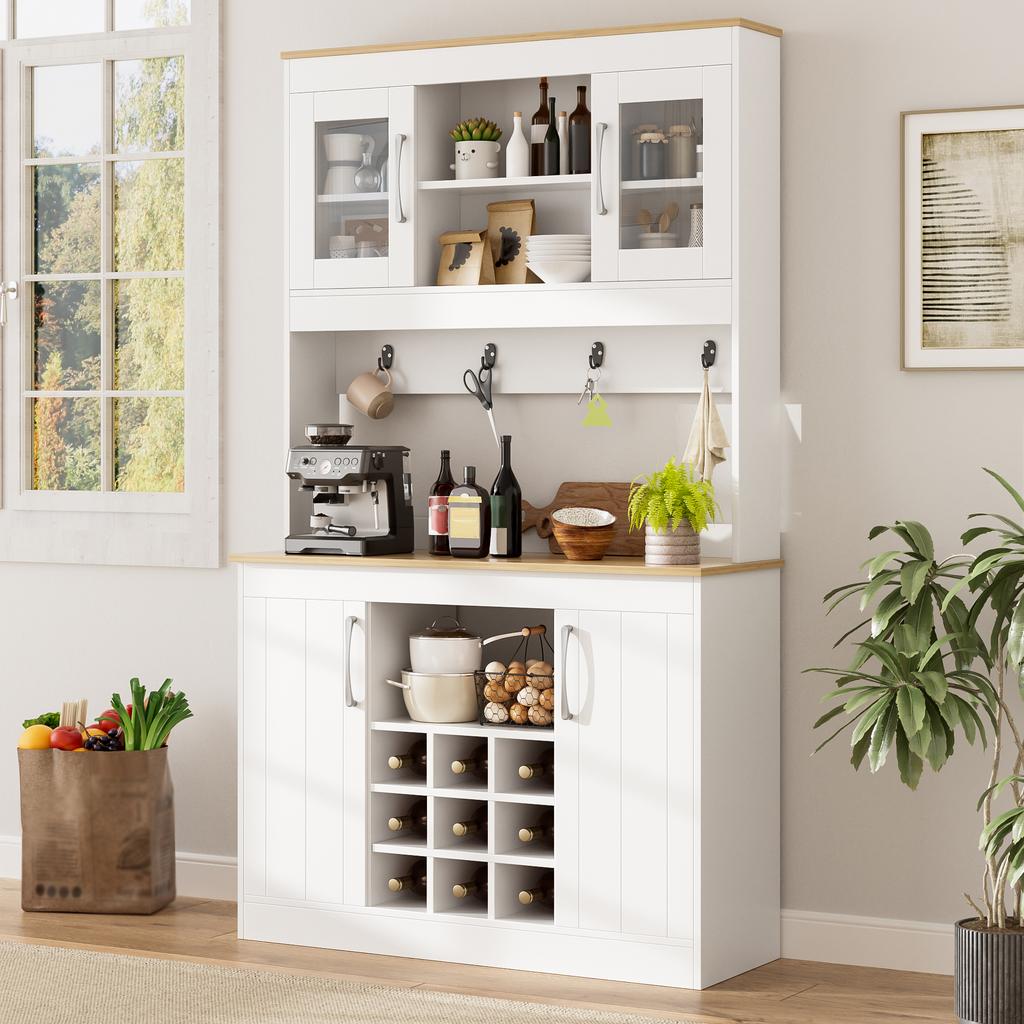 Credenza da cucina con sopralzo 175 cm, mobile da cucina con ante in vetro, portabottiglie e barra portautensili, grande armadio per piatti per cucina sala da pranzo soggiorno