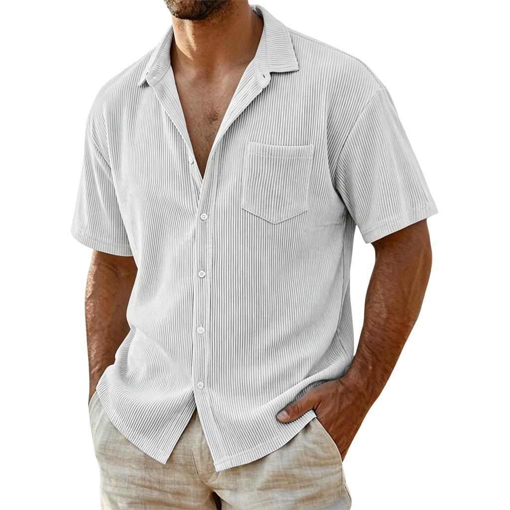 Men Corduroy Shirt Short Sleeve Button Down Casual Loose Fit Collar Pocket Striped Lightweight Summer Shirt