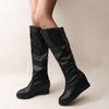 Fashion Autumn Winter Fleece-Lined Elegant Heeled Ladies Knee High Shaft Shoes Demi-season Black Leather Round Toe Women's Long Boots