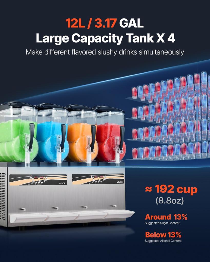 Slushie Machine, 12L/3.17Gal X 4 Tank Commercial Slushy Maker, Frozen Drink Maker with Self-Cleaning, Margarita Machine for Restaurants Bars Party for