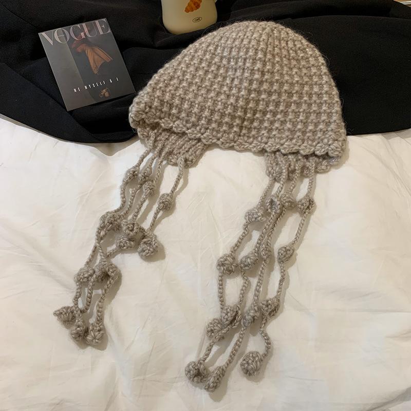 Handmade Fringed Ball Red Knitted Wool Hat Thermal Bald Hat Winter Ear Protector Tied Hat Trendy Hat Children